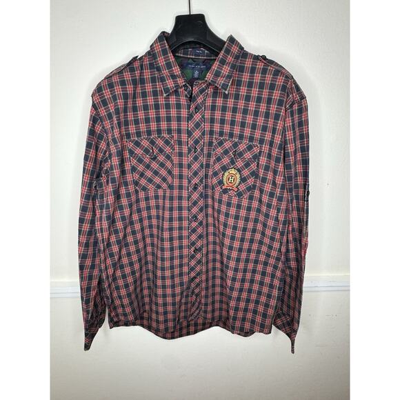 Tommy Hilfiger Big Logo‎ Trim Fit Long Sleeve Button Up Shirt Men’s red Blue XL - Picture 1 of 12